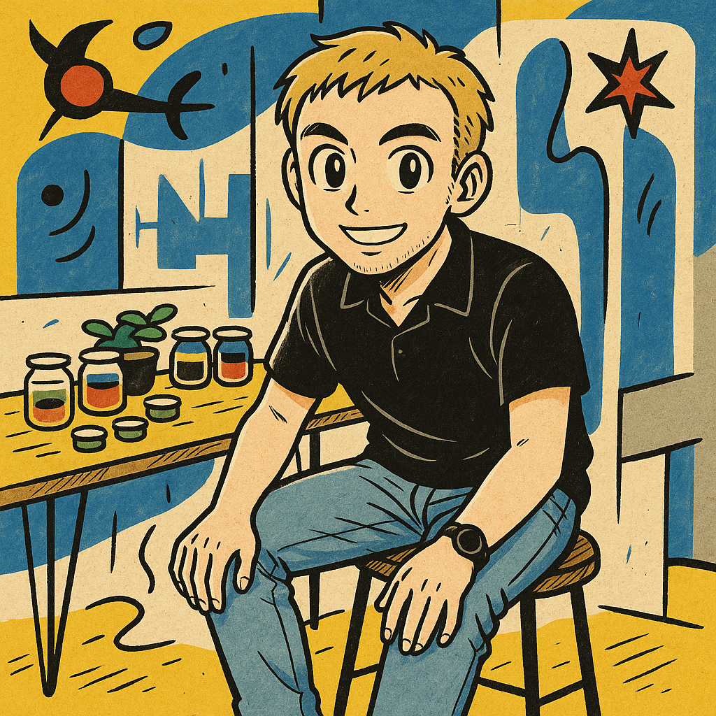 Manga‑style illustration of a smiling young man sitting on a wooden stool, surrounded by glass jars and a small potted plant, with abstract Miró‑inspired shapes and bold primary colors in the background.
