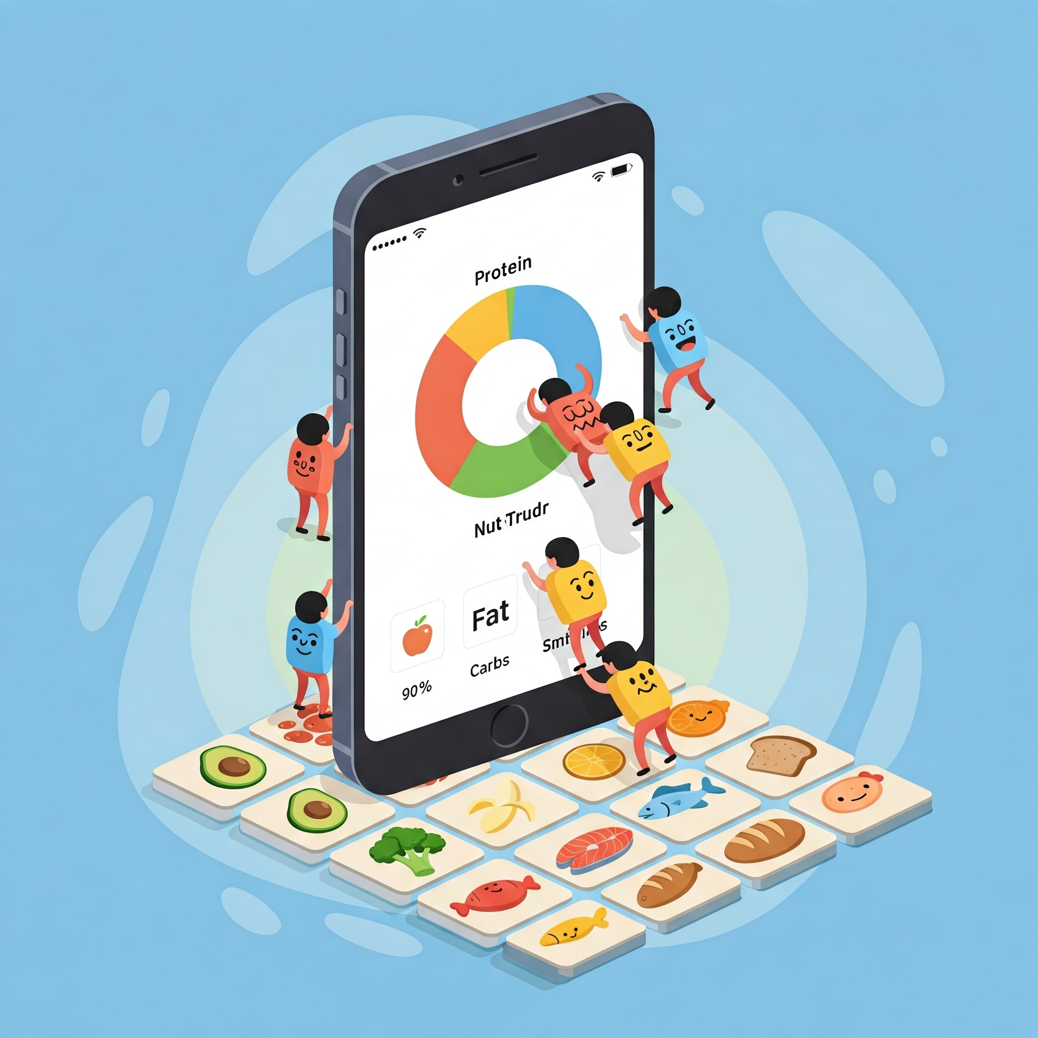 Vibrant NutriTracker app illustration: Figures feed into macro chart.