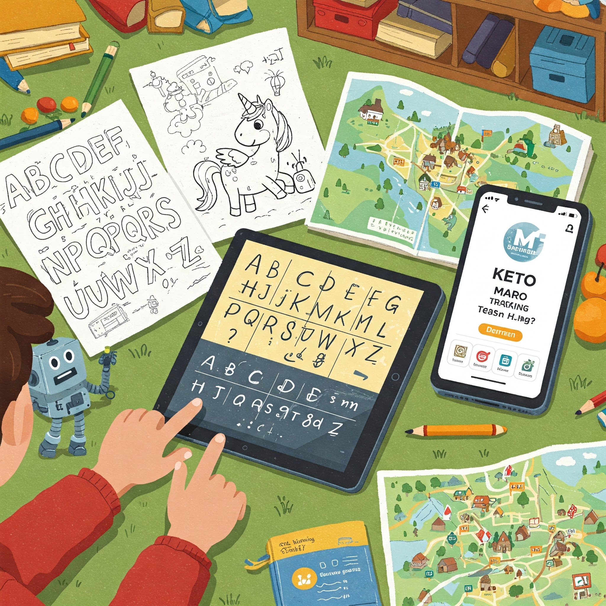 Playful cartoon illustration of diverse projects: ABC learning, text splitting, coloring books, health tracking, and Bremen travel.